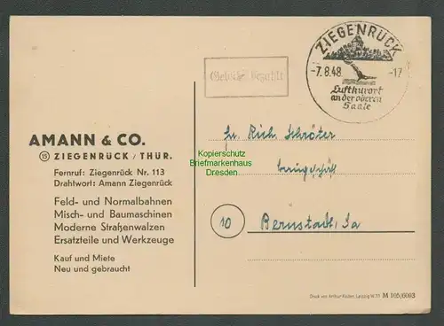 B6255 Postkarte SBZ Gebühr bezahlt 1945 Ziegenrück Amann Feldbahnen Normalbahnen