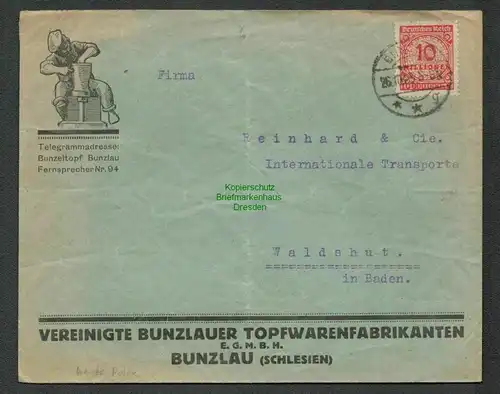B6052 Brief Deutsches Reich 1923 Bunzlau Bunzlauer Topfwarenfabrikanten Werbung