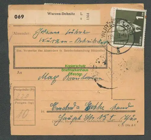 B6304 Paketkarte DDR 1953 Wurzen Dehnitz 4x 337 50 Pfg. Köpfe II BPP