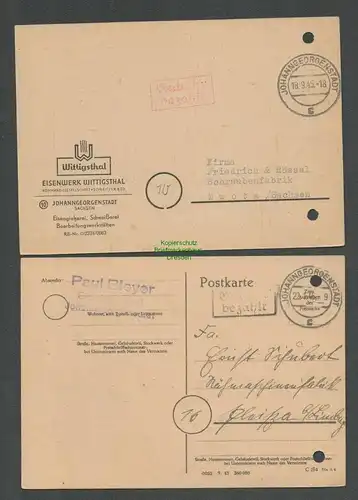 B6297 2x Postkarte SBZ Gebühr bezahlt 1945 Johanngeorgenstadt Eisenwerk Wittigs