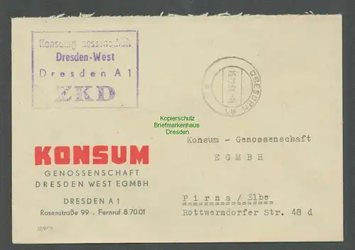 B5216 DDR ZKD Brief Dresden Konsum Genossenschaft Dresden West EGMBH 1961 nach P