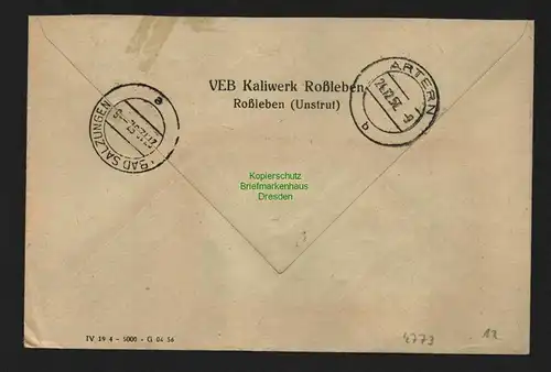 B4773 DDR ZKD B 15 Brief 8001 Rossleben VEB Kaliwerk Roßleben Unstrut n. Artern