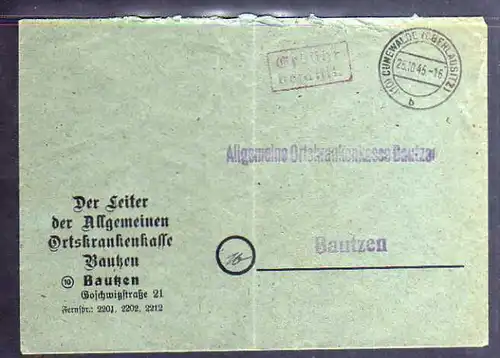 B307 SBZ Brief Gebühr bezahlt 1945 Cunewalde Oberlausitz Ortskrankenkasse Bautze