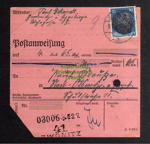 B2891 Sächsische Schwärzung 1945 Postanweisung 41 Zwönitz - Oelsnitz Erzgeb. 2.7