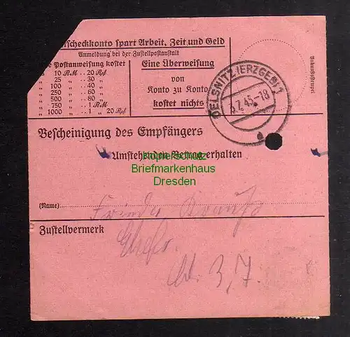 B2891 Sächsische Schwärzung 1945 Postanweisung 41 Zwönitz - Oelsnitz Erzgeb. 2.7