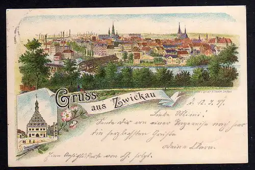 82918 AK Zwickau Sachsen Litho 1897 Gewandhaus und Panorama