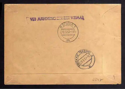 B2547 Brief DDR ZKD 11 9011 1957 VEB Mähdrescherwerk Weimar n. VEB Sachsenring