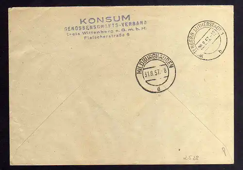 B2528 Brief DDR ZKD 15 8018 1957 Konsum Wittenberg Lutherstadt n. Hildburghausen