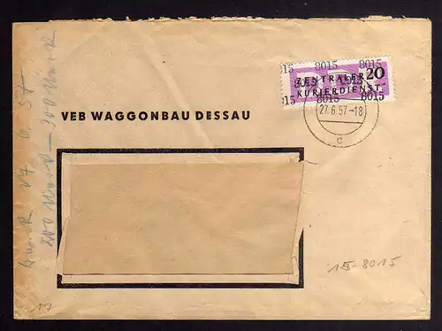 B2525 Brief DDR ZKD 15 8015 1957 VEB Waggonbau Dessau nach Karl-Marx-Stadt