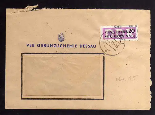 B2523 Brief DDR ZKD 15 8015 1957 VEB Gärungschemie Dessau nach Berlin O 17