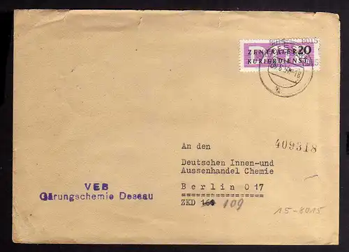 B2522 Brief DDR ZKD 15 8015 1957 VEB Gärungschemie Dessau nach Berlin O 17