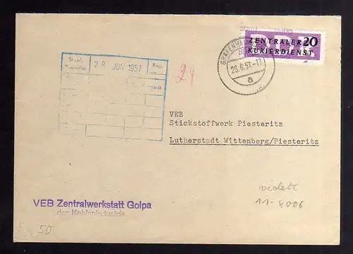 B2516 Brief DDR ZKD 11 8006 violett 1957 VEB Zentralwerkstatt Golpa Kohlenindust