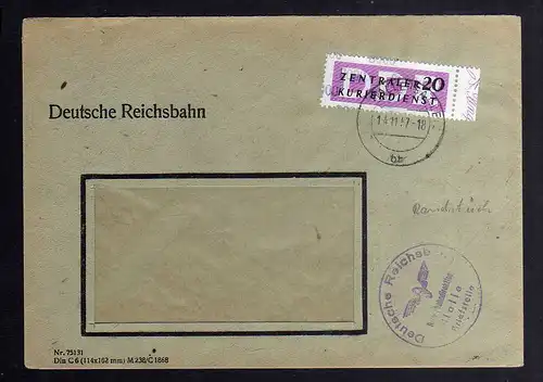 B2498 Brief DDR ZKD 15 8000 Randstück ungültig 1957 Deutsche Reichsbahn Halle