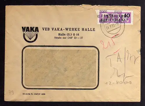 B2491 Brief DDR ZKD 12 8000 1957 VEB VAKA Werke Halle nach Merseburg