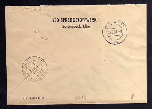 B2479 Brief DDR ZKD 11 7013 1957 VEB Sprengstoffwerk Schönebeck Elbe nach Berlin