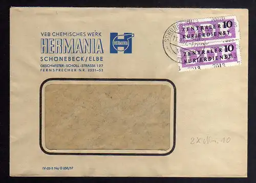 B2478 Brief DDR ZKD 2x 10 7013 1957 VEB Chemisches Werk Hermania Schönebeck