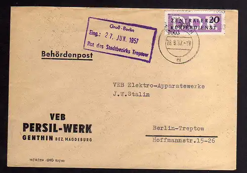 B2472 Brief DDR ZKD 11 7003 1957 VEB Persil Werk Genthin Bez. Magdeburg nach