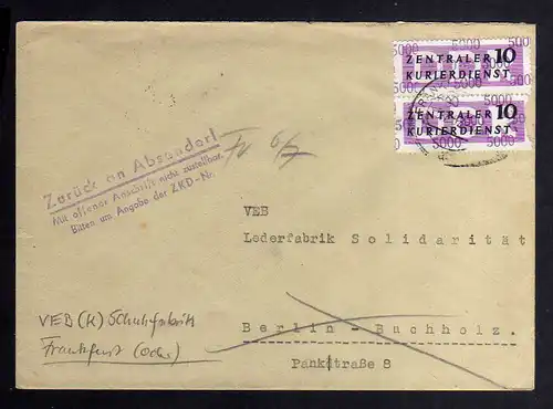 B2460 Brief DDR ZKD 2x 11 5000 1957 VEB Schuhfabrik Frankfurt Oder Lederfabrik