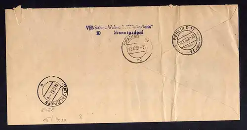 B2458 Brief DDR ZKD 15 4010 1957 VEB Stahl-und Walzwerk Hennigsdorf bei Berlin