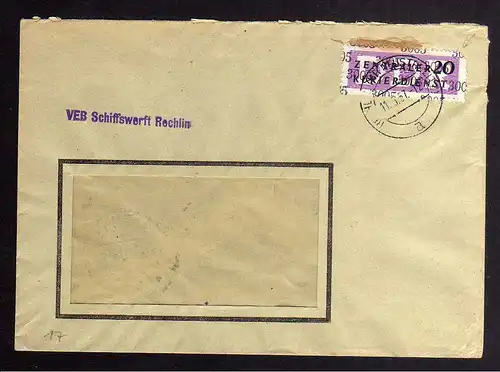 B2445 Brief DDR ZKD 11 3005 1957 VEB Schiffswerft Rechlin n. Neustrelitz Wismar