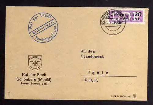 B2430 Brief DDR ZKD 11 1003 1957 Rat der Stadt Schönberg Meckl. nach Standesamt