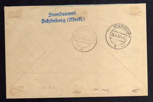 B2430 Brief DDR ZKD 11 1003 1957 Rat der Stadt Schönberg Meckl. nach Standesamt