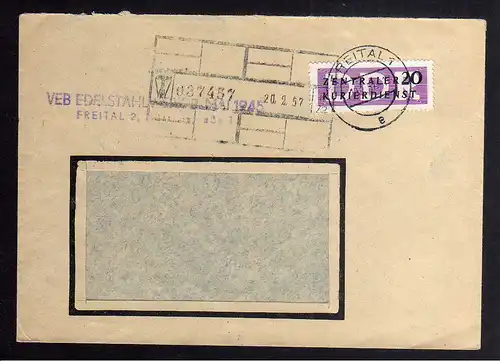 B2408 Brief DDR ZKD 7 1957 VEB Edelstahlwerk 8. Mai 1945 Freital nach Dresden