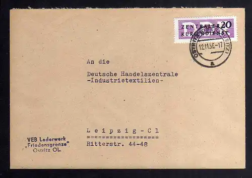 B2397 Brief DDR ZKD 7 1956 VEB Lederwerk Fiedensgrenze Ostritz Görlitz Leipzig
