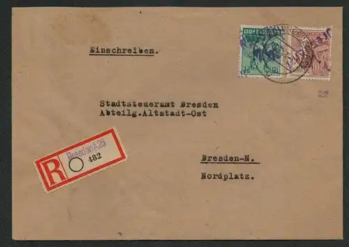 h5487 SBZ Handstempel Bezirk 14 R-Brief Dresden 26 A43 violett an Stadtsteueramt