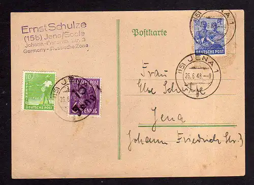 h524 Postkarte Handstempel Bezirk 16 Jena 6 Pfg. 26.6.48 + Zehnfach