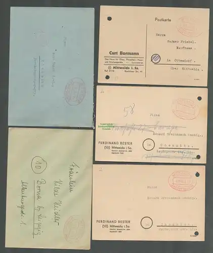 B5807 Gebühr bezahlt 1945 5x Brief Karte Mittweida an Auto-Union A.G. Chemnitz