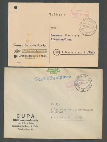 B5773 Gebühr bezahlt 1945 Brief Karte Grossbreitenbach Glühlampenfabrik CUPA