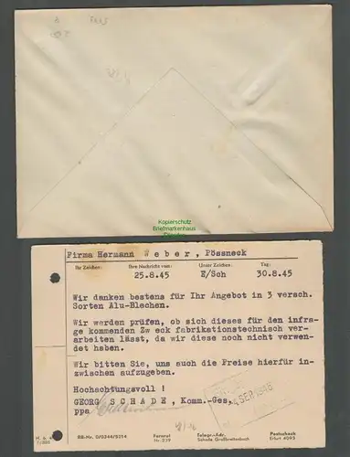 B5773 Gebühr bezahlt 1945 Brief Karte Grossbreitenbach Glühlampenfabrik CUPA