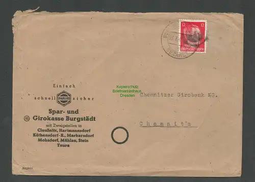 B4892 Brief Sächsische Schwärzung Burgstädt S 23.7.45 Sonderform bezahlt Bedarf