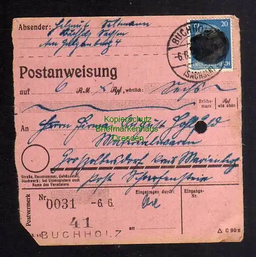 B3029 Sächsische Schwärzung 1945 Postanweisung 41 Buchholz - Großolbersdorf