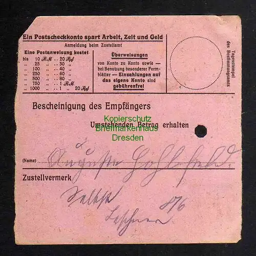 B3029 Sächsische Schwärzung 1945 Postanweisung 41 Buchholz - Großolbersdorf