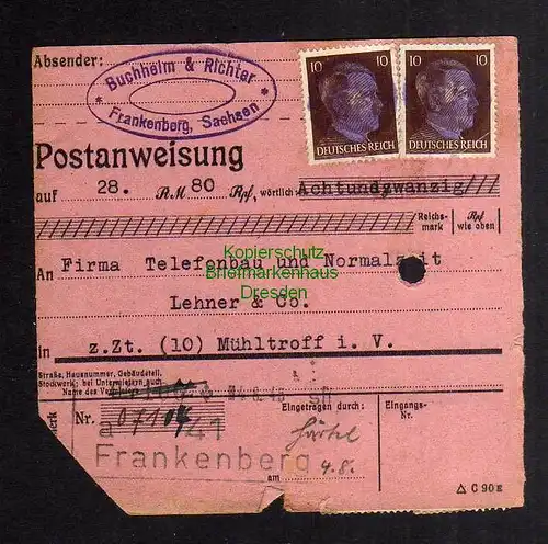 B2830 Sächsische Schwärzung 1945 Postanweisung 41 Frankenberg - Mühltroff 4.8.45
