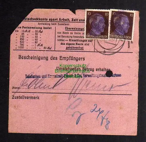 B2830 Sächsische Schwärzung 1945 Postanweisung 41 Frankenberg - Mühltroff 4.8.45