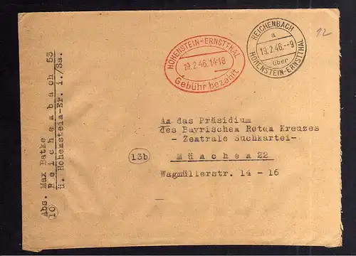 B2038 Brief SBZ Gebühr bezahlt 1946 Reichenbach über Hohenstein-Ernstthal Bayr.