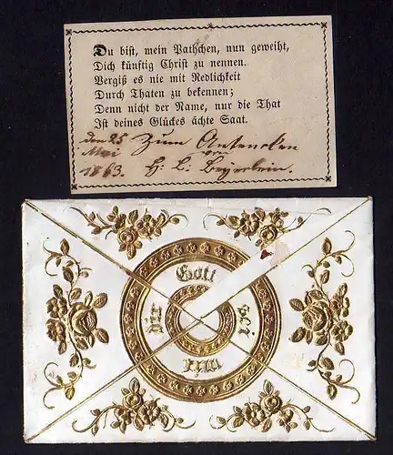 117716 Taufbrief Erinnerung 1863 Fördergersdorf Patenbrief goldgeprägt  mit Spru