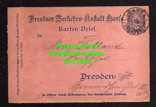 116131 Privatpost Hansa Dresden 1898 Ganzsache K12 Kartenbrief