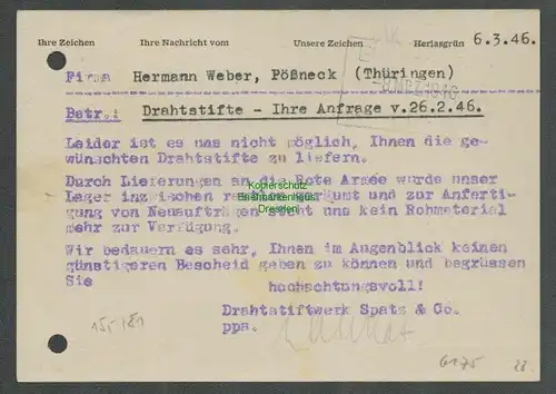 B6175 Postkarte SBZ Gebühr bezahlt 1946 Herlasgrün Drahtstiftwerk Spatz & Co.