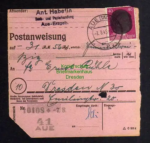 B2981 Sächsische Schwärzung 1945 Postanweisung 41 Aue 7.8. Dresden