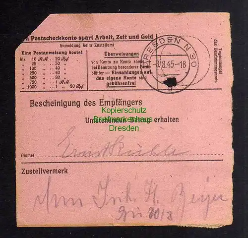 B2981 Sächsische Schwärzung 1945 Postanweisung 41 Aue 7.8. Dresden