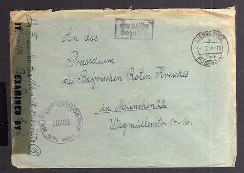 B2085 Brief SBZ Gebühr bezahlt 1946 Liebschütz über Pössneck Zensur Bayr. Rotes