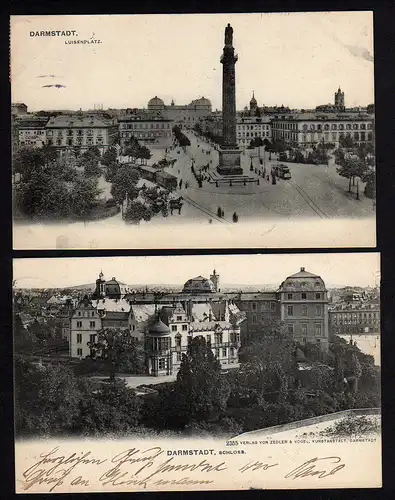 35257 2 AK Darmstadt Schloss Luisenplatz 1905 mit Ludwigssäule Straßenbahn