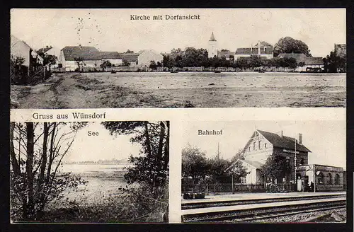 29176 AK Wünsdorf Bahnhof Kirche Dorfansicht, gelaufen  Wünsdorf Kr. Teltow 1915
