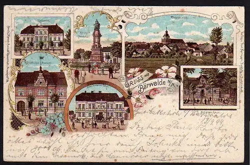 29059 AK Bärwalde Nm. Litho Schützenhaus Hotel Postamt Rathaus 1899 Bahnpost