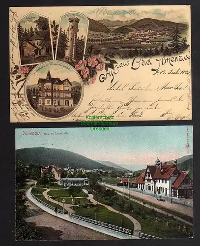 123951 2 AK Ilmenau Litho 1899 Kickelhahn Aussichtsturm Bad und Lesehalle 1910
