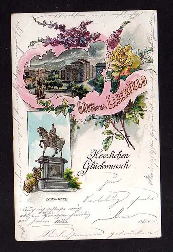 112259 AK Elberfeld Litho 1900 Denkmal Glückwunsch Blumen Dekor Flieder Rose